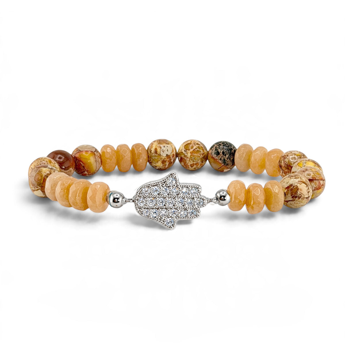 Love Lisa Hamsa Mixed Gemstone Beaded Bracelet in Beige with warm amber faceted rondelle beads, cream and brown patterned round gemstone beads, silver-tone accents, and pavé CZ Hamsa centerpiece