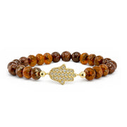 Love Lisa Hamsa Mixed Gemstone Beaded Bracelet in Brown with faceted amber brown rondelle beads, patterned brown gemstone beads, gold-tone accents, and pavé CZ Hamsa centerpiece
