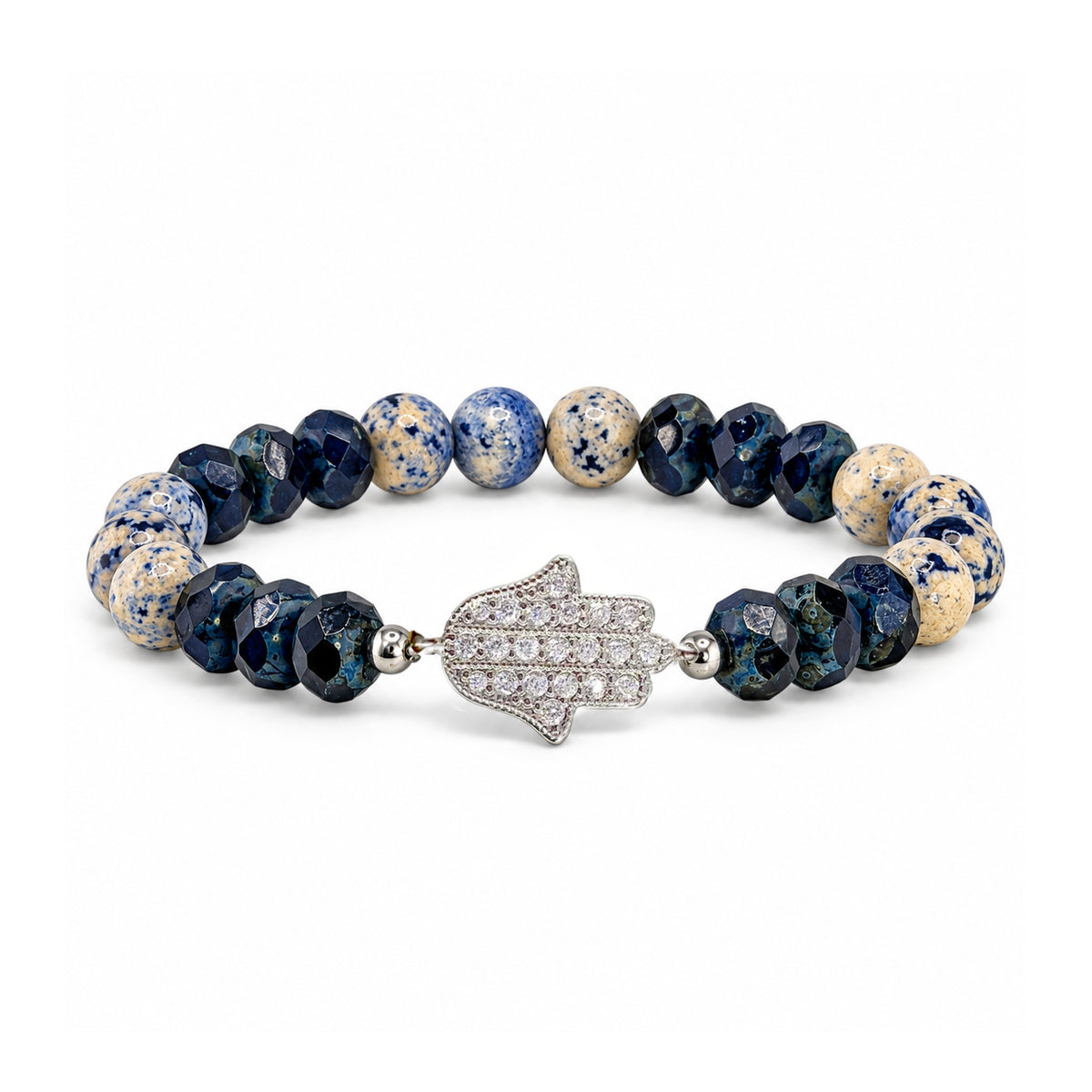 Love Lisa Hamsa Mixed Gemstone Beaded Bracelet in Navy with cream and blue patterned round gemstone beads, dark navy faceted Czech glass rondelles, silver-tone accents, and a pavé CZ Hamsa centerpiece on white