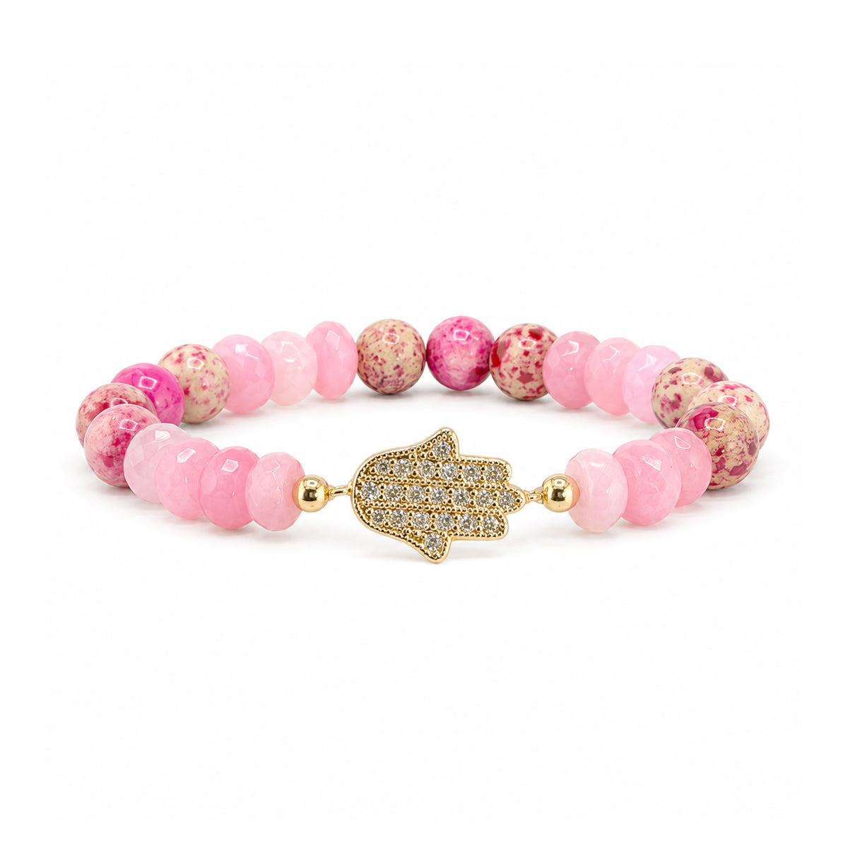 Love Lisa Hamsa Mixed Gemstone Beaded Bracelet in Pink with pale pink faceted rondelles, cream and bright pink patterned round gemstone beads, gold-tone accents, and pavé CZ Hamsa centerpiece