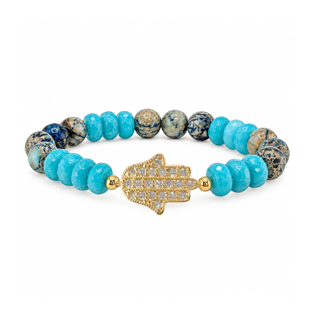 Love Lisa Hamsa Mixed Gemstone Beaded Bracelet in Turquoise with bright turquoise faceted rondelles, blue and tan patterned round gemstone beads, gold-tone accents, and pavé CZ Hamsa centerpiece