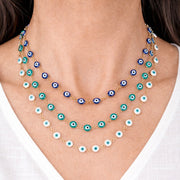 Love Lisa evil eye enamel necklace worn on model layered protection necklace styling