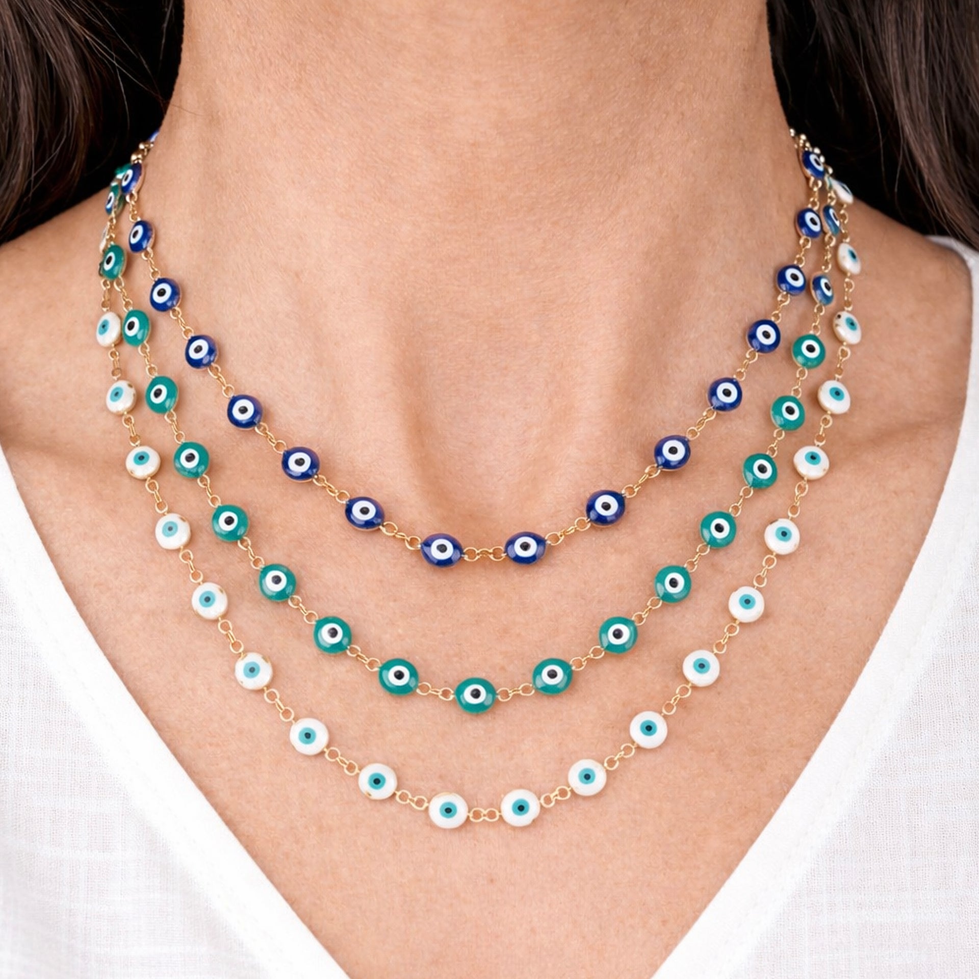 Love Lisa evil eye enamel necklace worn on model layered protection necklace styling