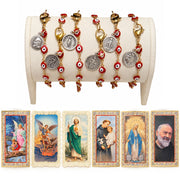 Display of Love Lisa Hannah Evil Eye Saint Medal Bracelets in assorted red, blue, turquoise, and black colorways with coordinating religious saint prayer cards and gold-tone or silver-tone medal charms
