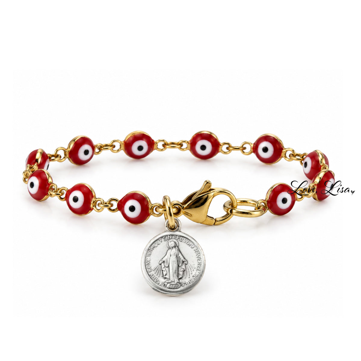 Love Lisa Hannah Evil Eye Saint Medal Bracelet with red and white evil eye beads, gold-tone rhodium-plated brass links and clasp, and a dangling silver religious medal on a white background