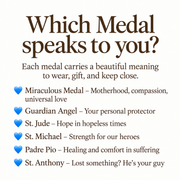 Hannah Evil Eye Saint Medal Bracelet guide showing medal meanings: Miraculous Medal for motherhood, compassion and universal love; Guardian Angel for protection; St. Jude for hope in difficult times; St. Michael for strength; Padre Pio for healing and comfort; and St. Anthony for help finding what is lost.