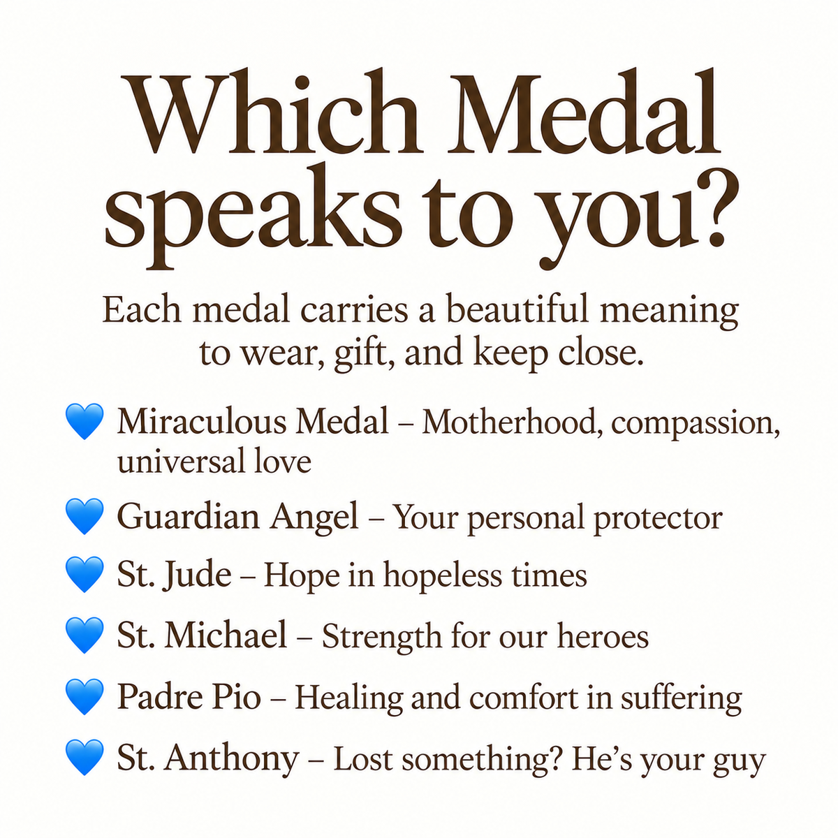Hannah Evil Eye Saint Medal Bracelet guide showing medal meanings: Miraculous Medal for motherhood, compassion and universal love; Guardian Angel for protection; St. Jude for hope in difficult times; St. Michael for strength; Padre Pio for healing and comfort; and St. Anthony for help finding what is lost.
