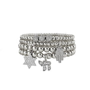 hanukkah judaica charm bracelet stack silver beads with star of david hamsa and chai charms