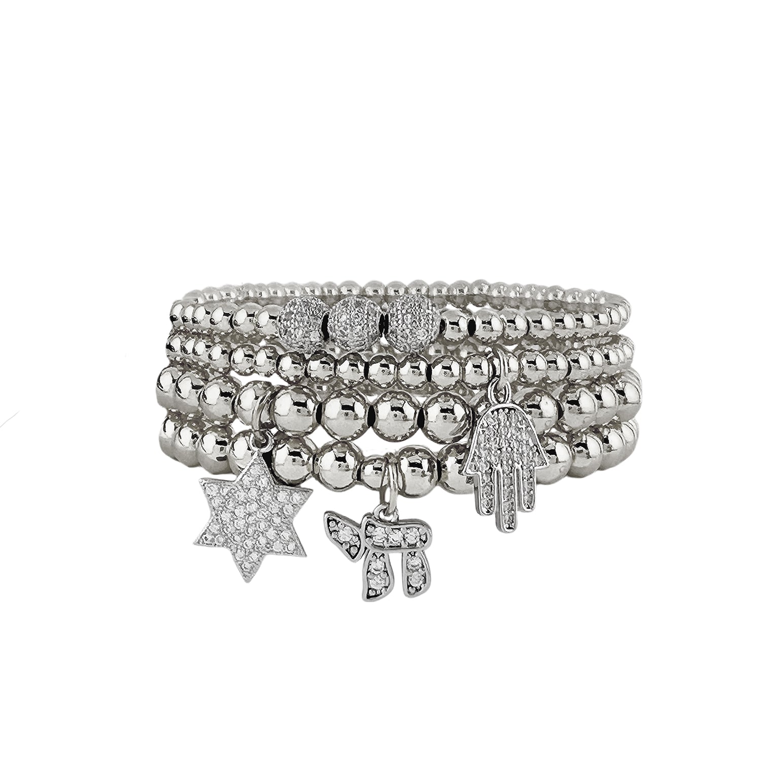 hanukkah judaica charm bracelet stack silver beads with star of david hamsa and chai charms
