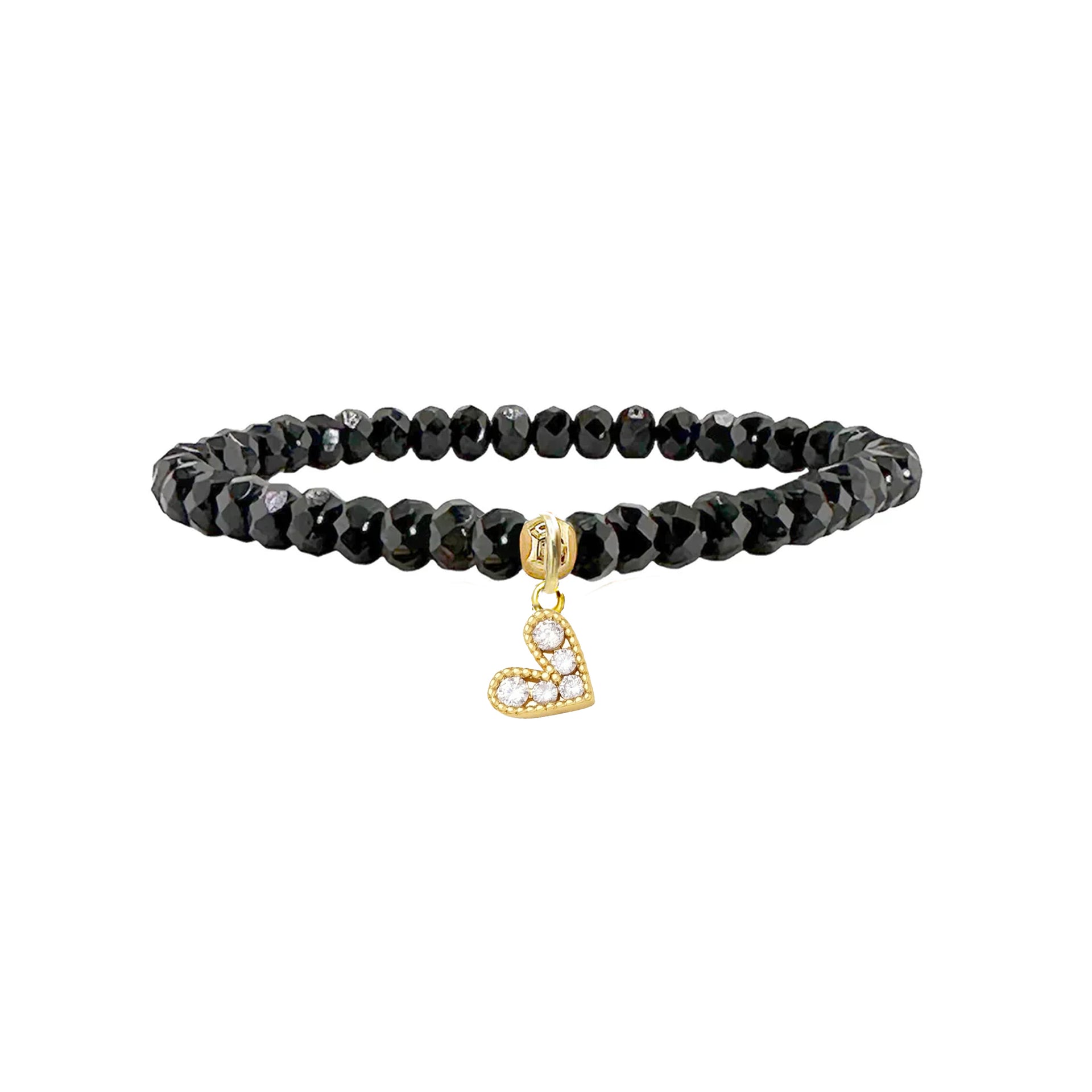 crystal heart charm bracelet with black faceted beads and gold clear adorable heart charm
