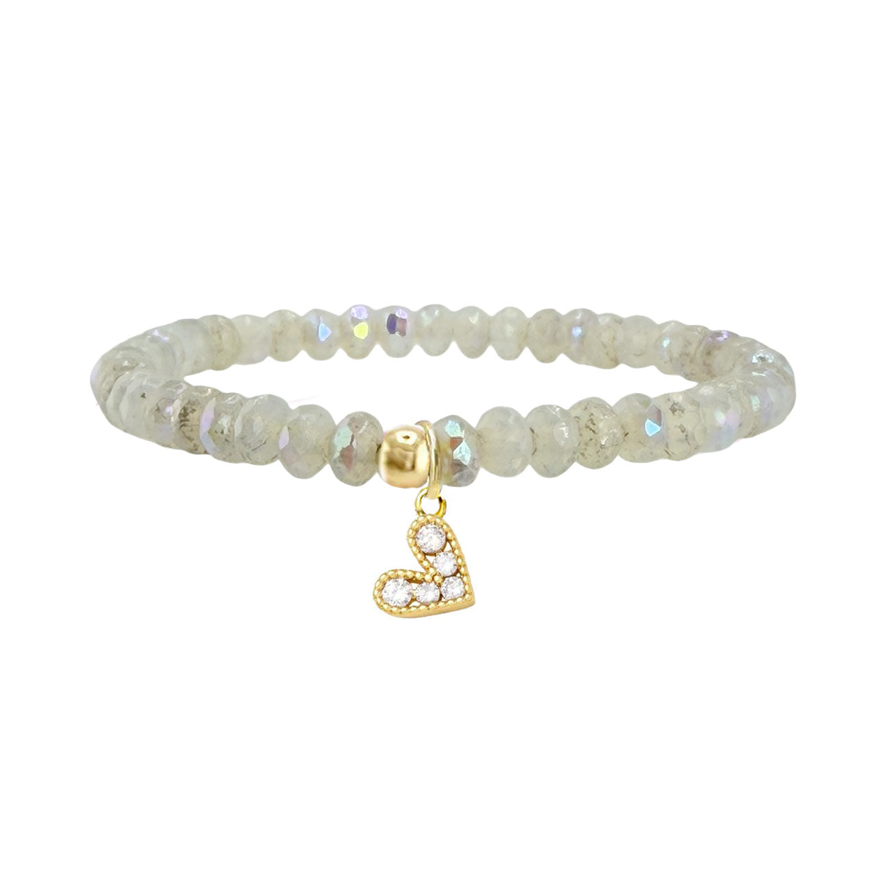 frosted aura crystal heart charm bracelet with soft shimmer beads and gold clear heart charm