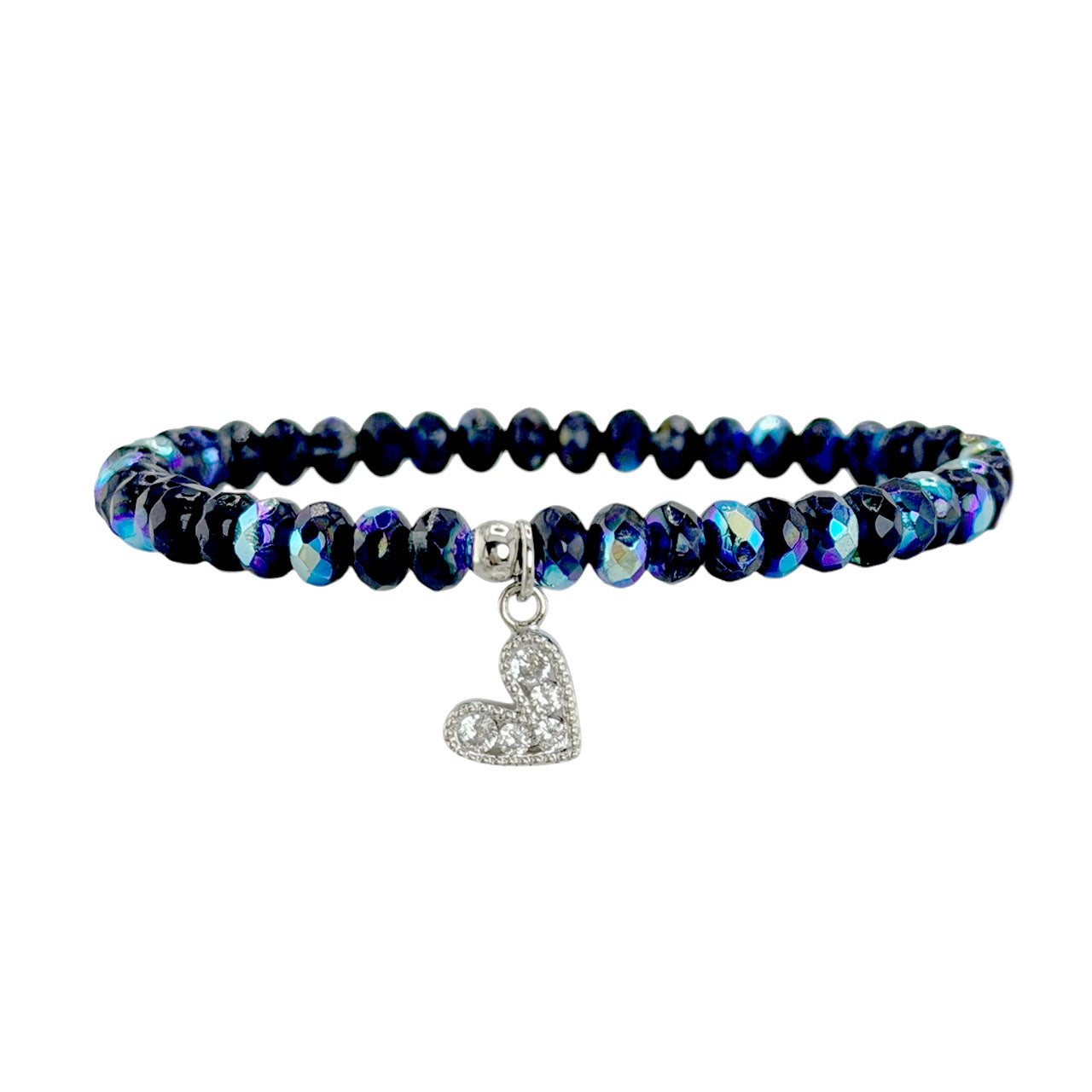 navy glow crystal heart charm bracelet with faceted Czech beads and silver crystal adorable heart 