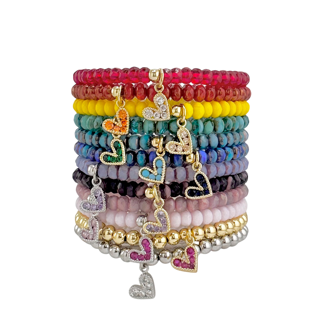 A multicolored bracelet with heart-shaped charms and intricately faceted crystal beads, featuring an elastic band.