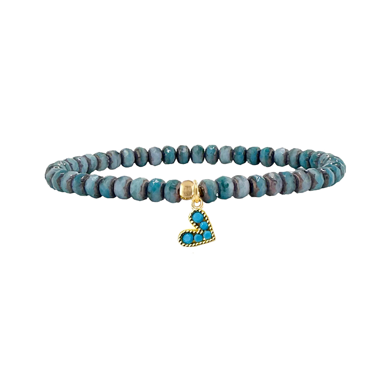 A multicolored bracelet with heart-shaped charms and intricately faceted crystal beads, featuring an elastic band.