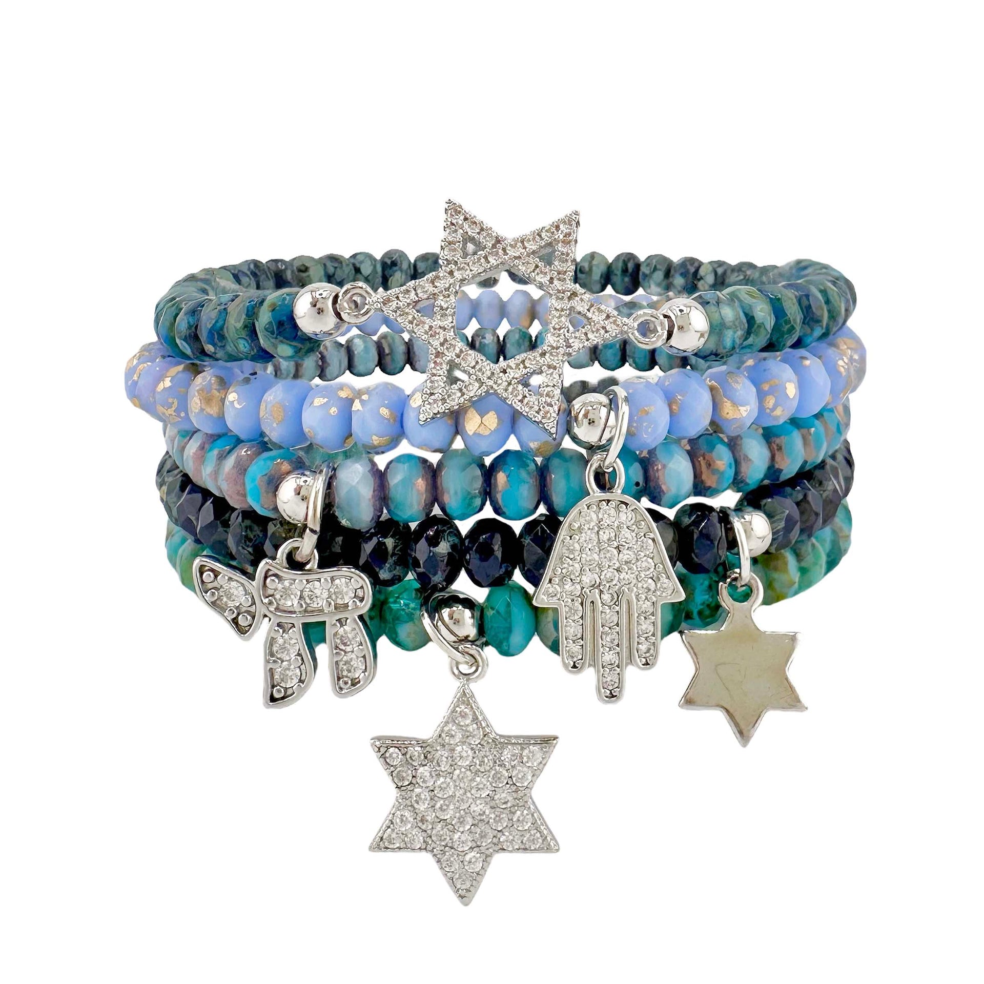 Love Lisa chai hamsa star of david bracelet stack blue crystal beaded stretch bracelets with pavé charms