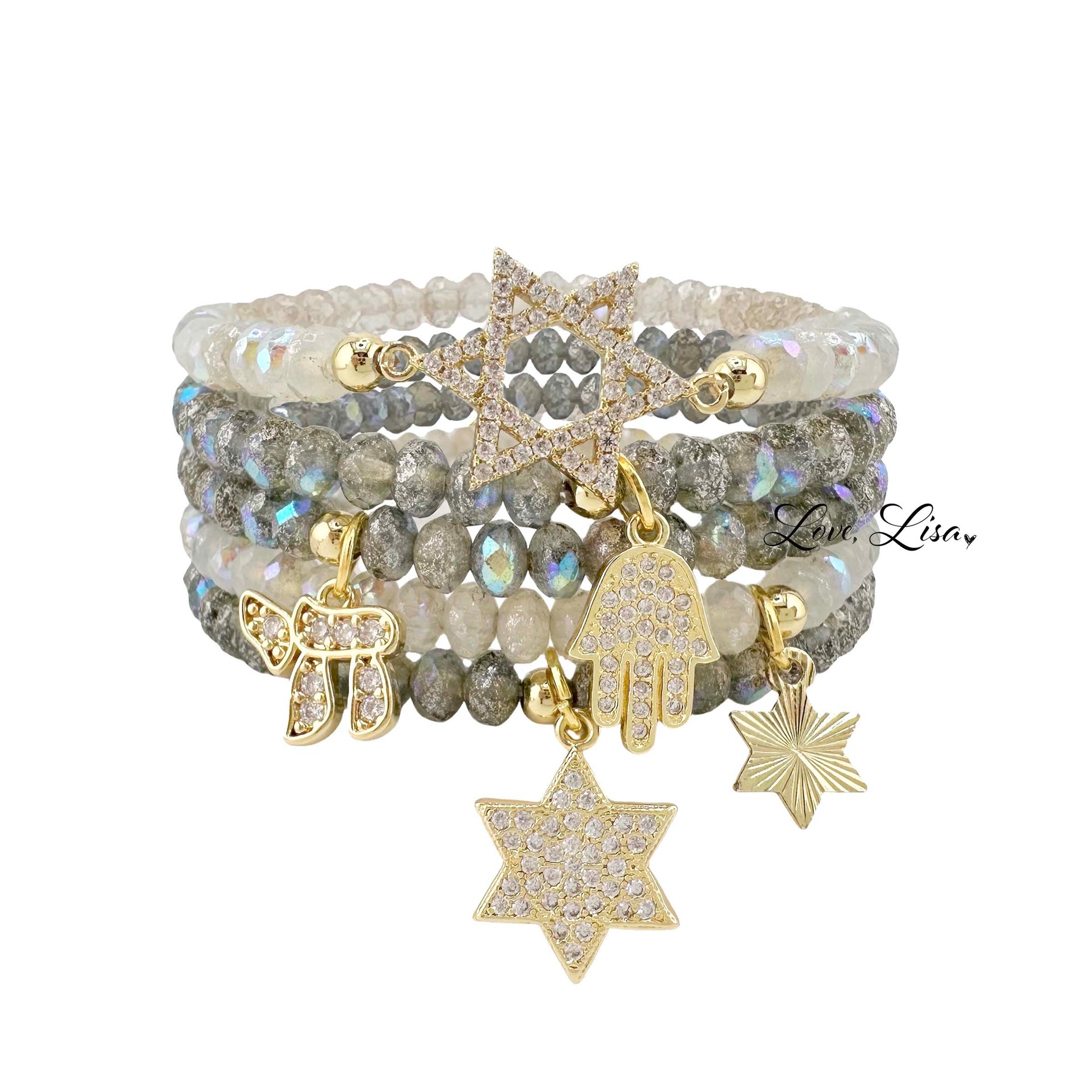 chai hamsa star of david bracelet stack gray czech crystal beaded stretch bracelets pavé charm judaica jewelry