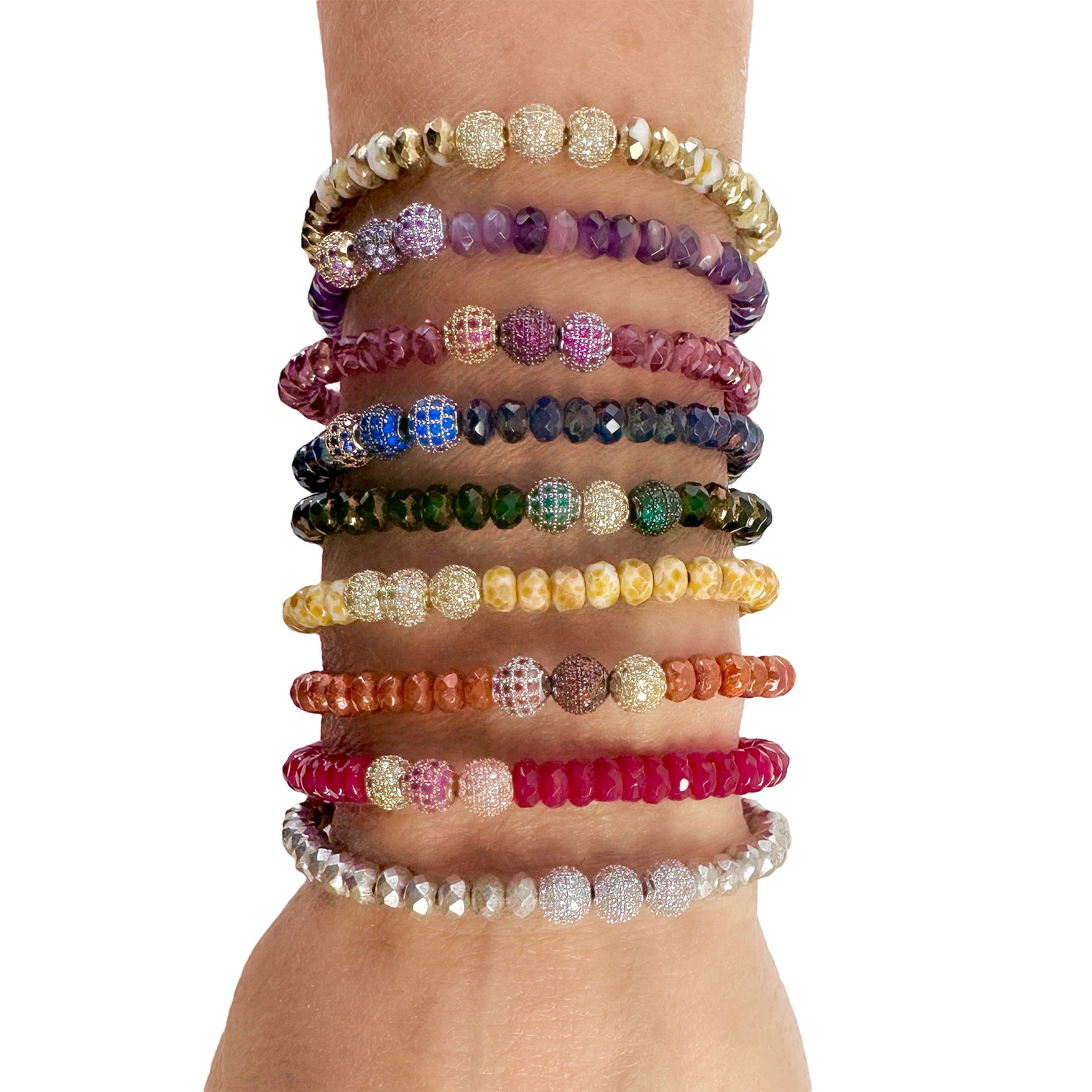 stacked colorful pave bracelets on wrist bright beaded jewelry Love Lisa