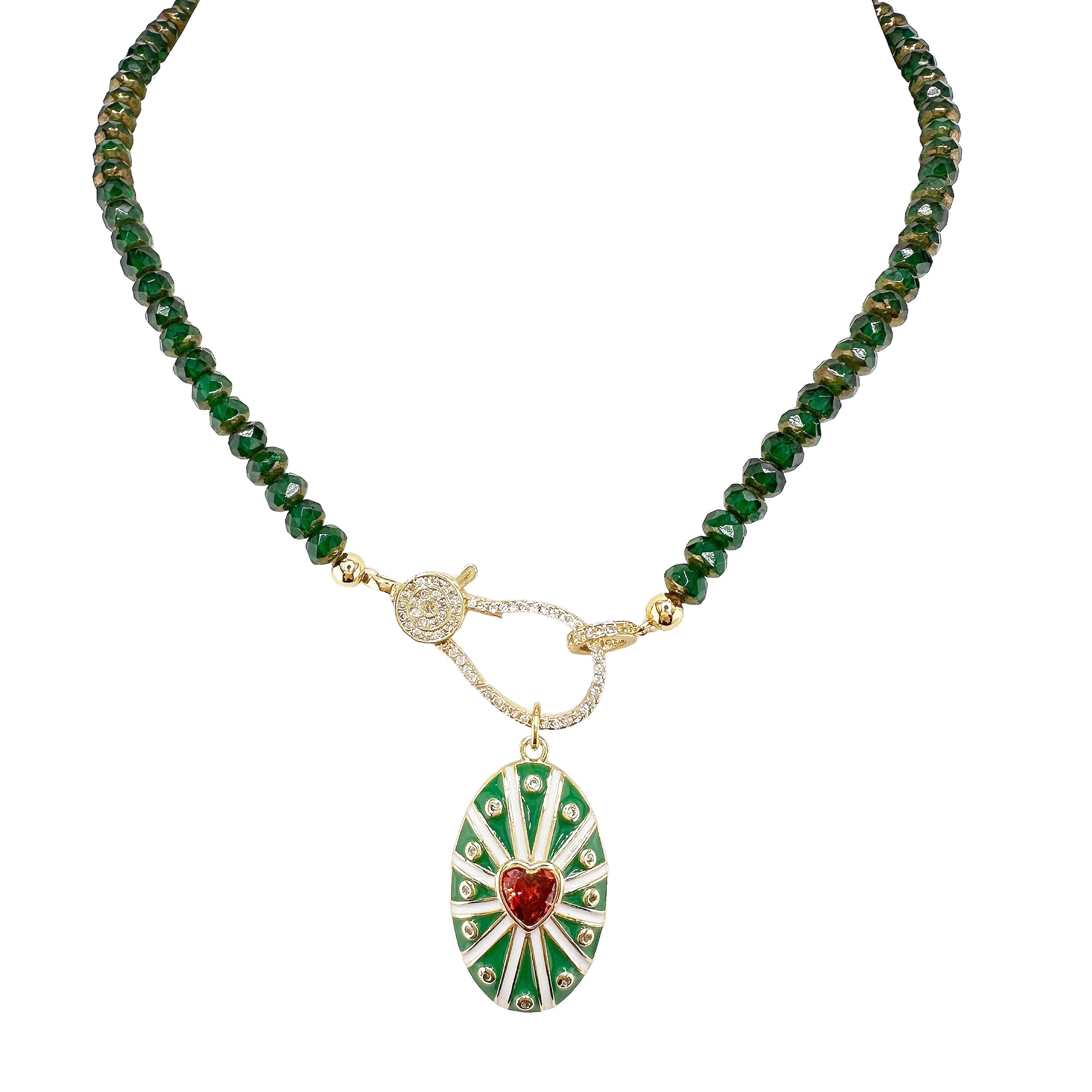 A forest green  beaded necklace with a gold pave clasp.