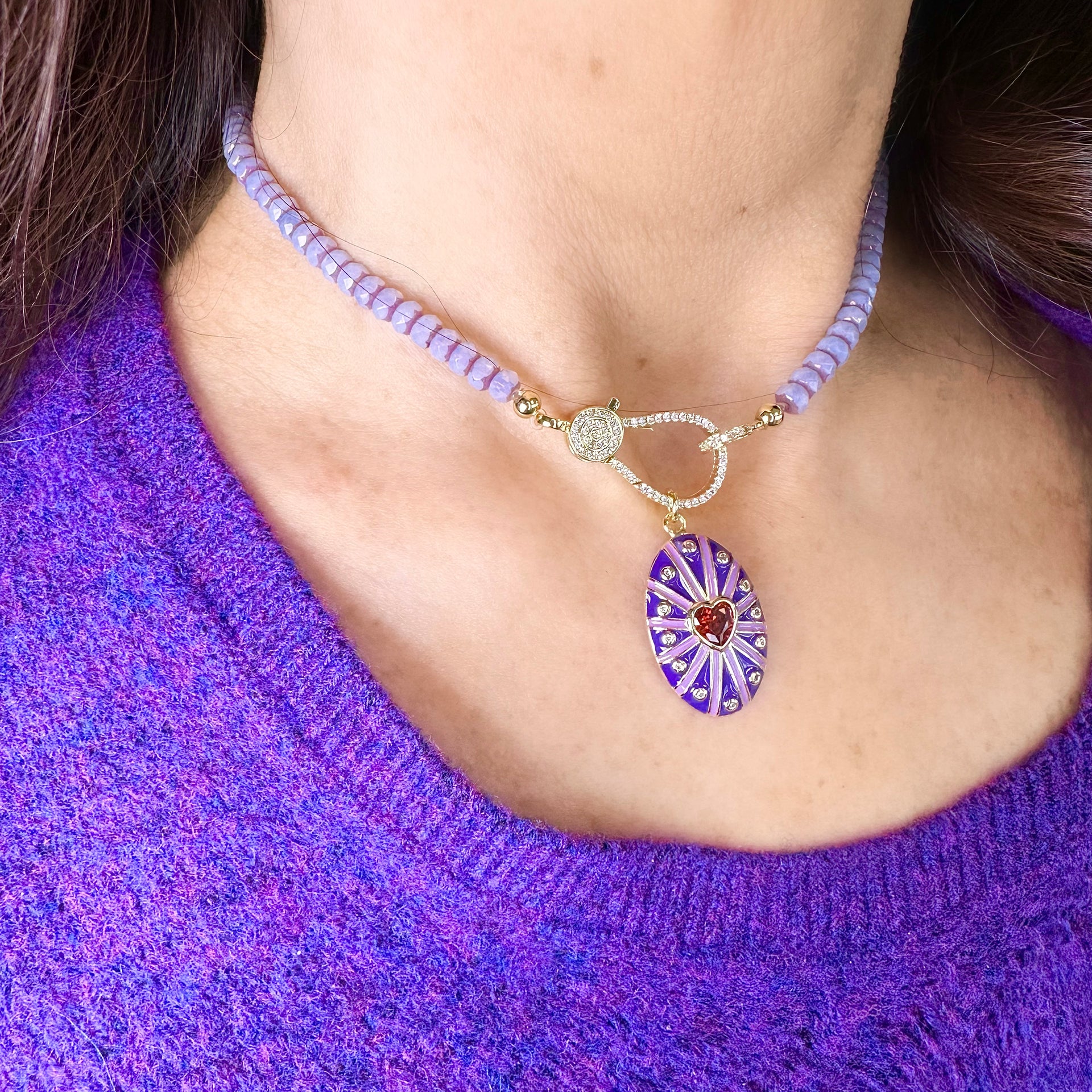 Love Lisa Harper Crystal Clasp Necklace in Lavender worn with purple rani enamel charm pendant 