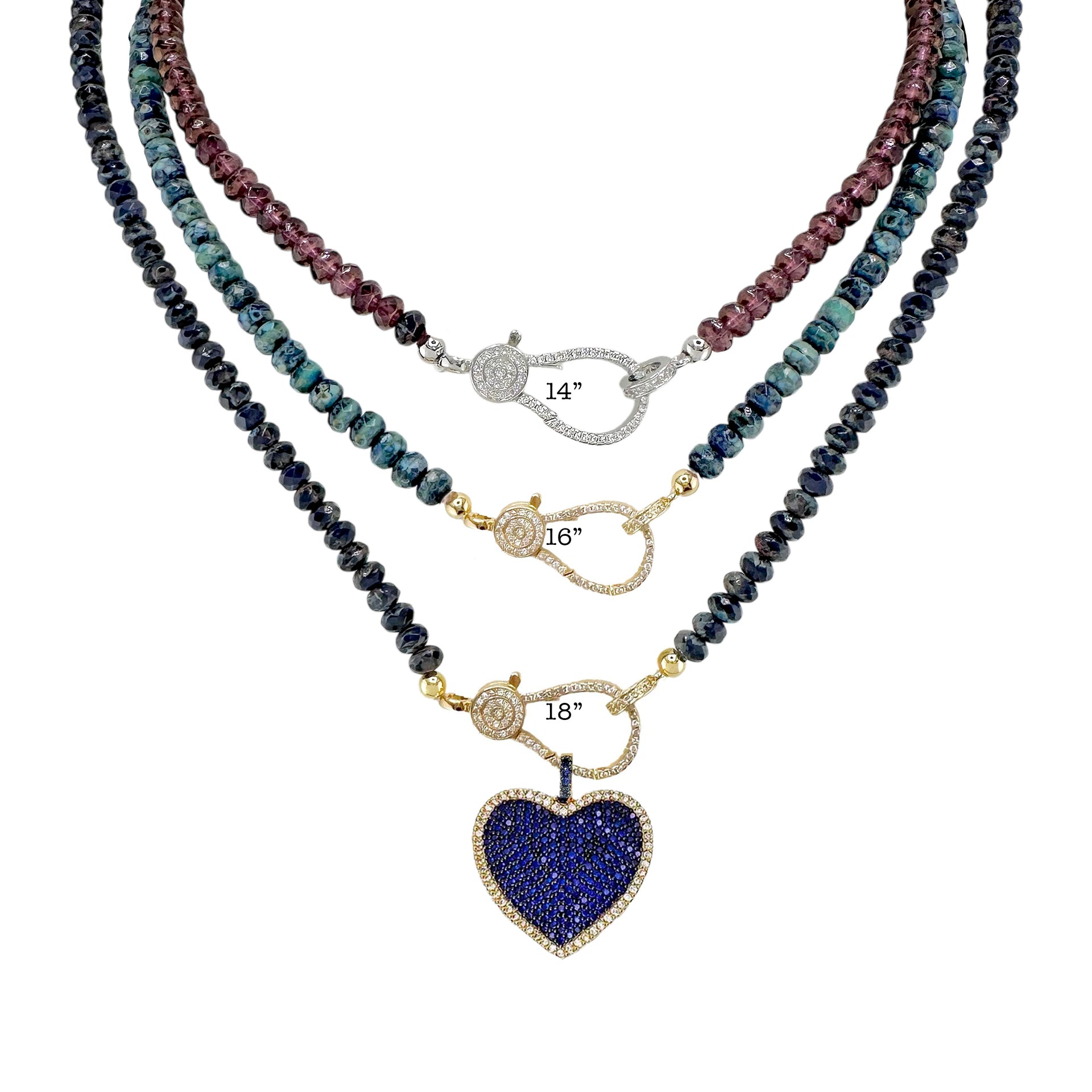 Love Lisa Harper Crystal Clasp Necklace length comparison showing 14 inch 16 inch and 18 inch crystal beaded clasp necklaces with blue heart charm styling
