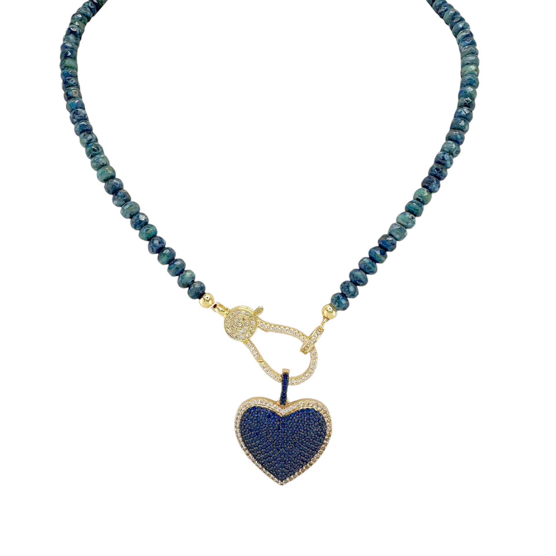A blue beaded necklace with a gold pave clasp.