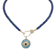 Harper Crystal Clasp Necklace in Royal Turquoise with blue faceted Czech crystal beads gold easy open clasp and blue evil eye charm