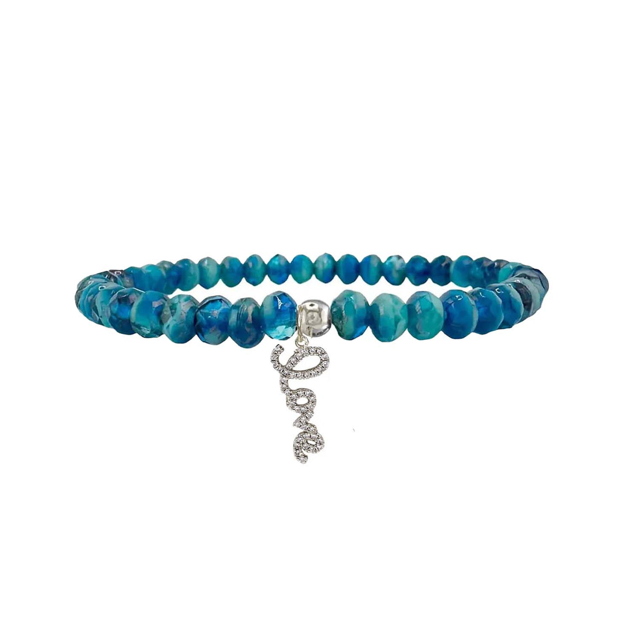 Blue beaded bracelet with a silver love charm on a white background