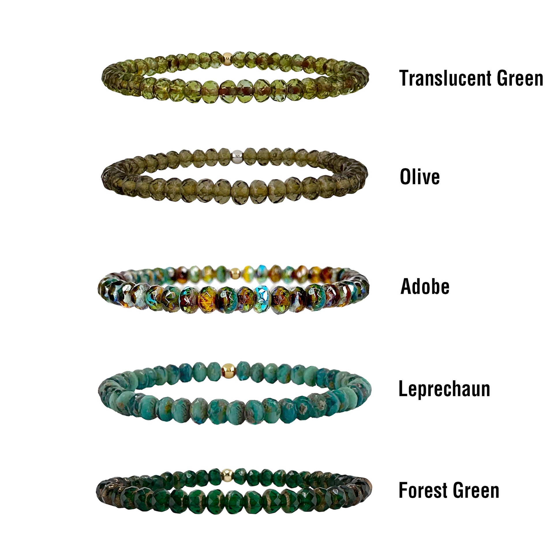 harper crystal stretch bracelet color chart with green teal olive and forest tone crystal bead shades