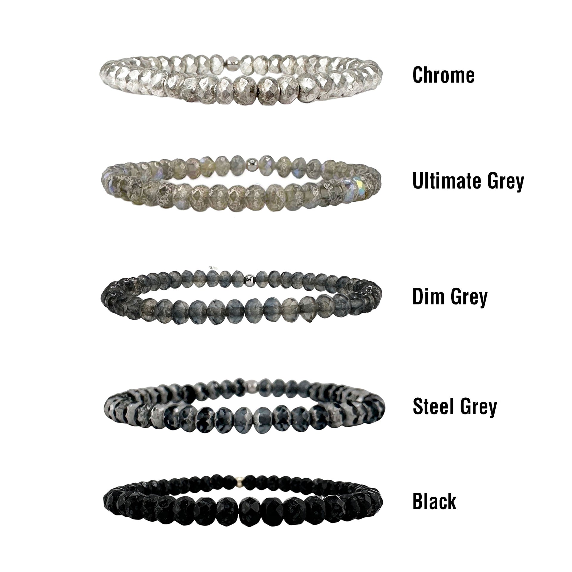 color chart of harper crystal stretch bracelet neutral shades including gray silver and black crystal beads