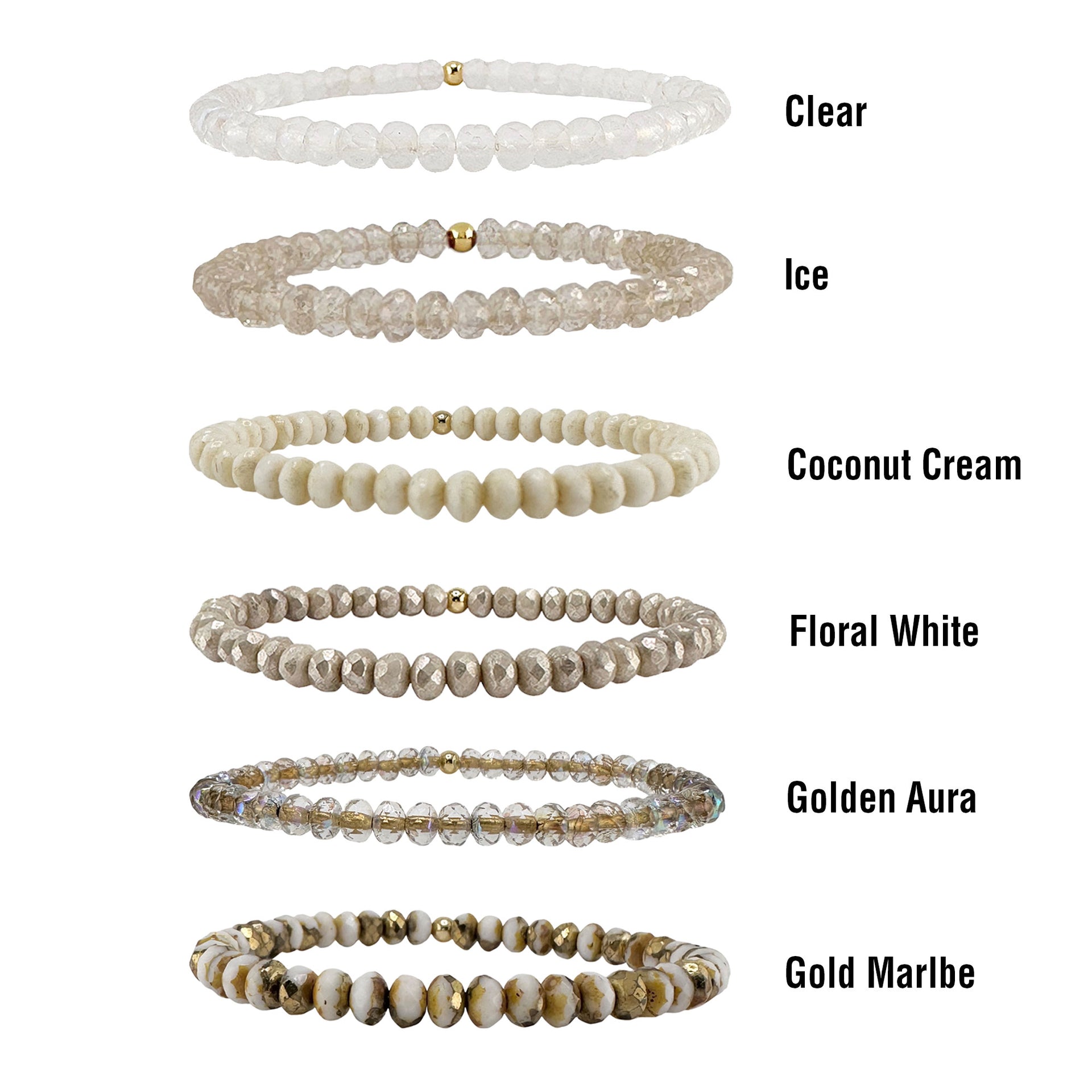 color chart of harper crystal stretch bracelet neutral shades including brown gray tan and clear crystal beads