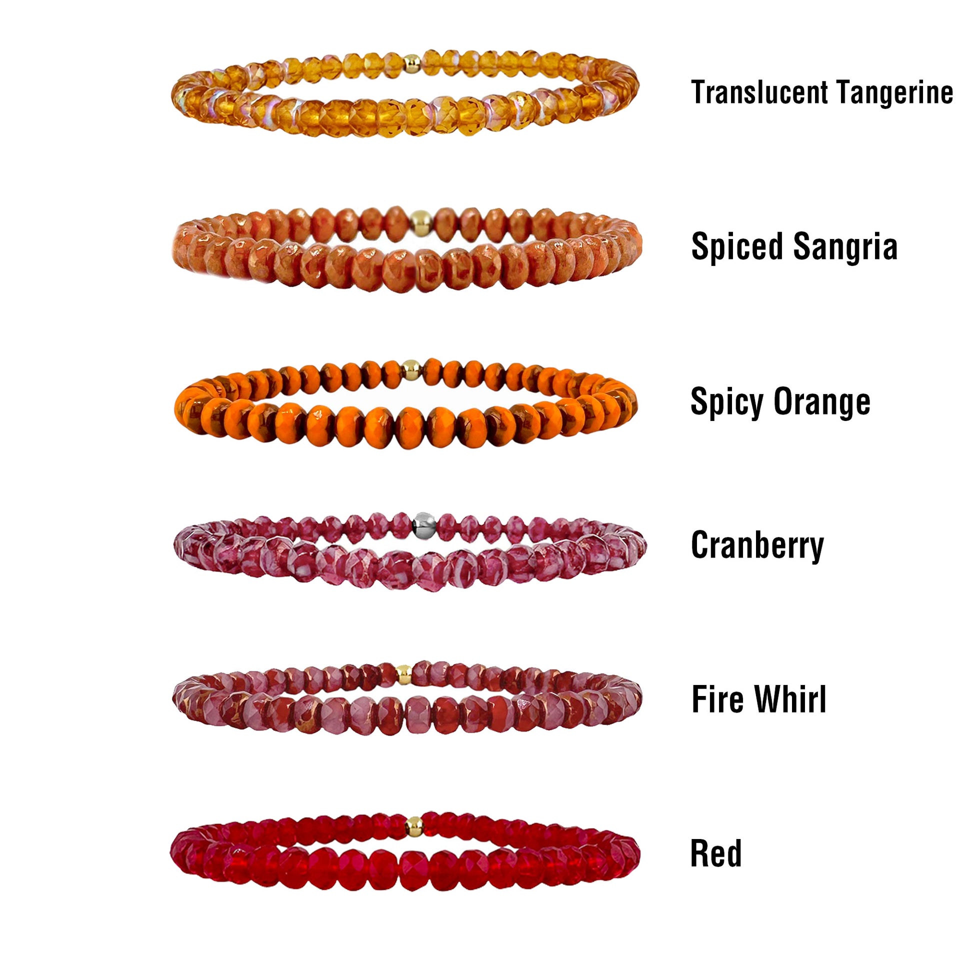 harper crystal stretch bracelet color chart showing warm tone czech crystal shades including reds oranges corals and neutrals