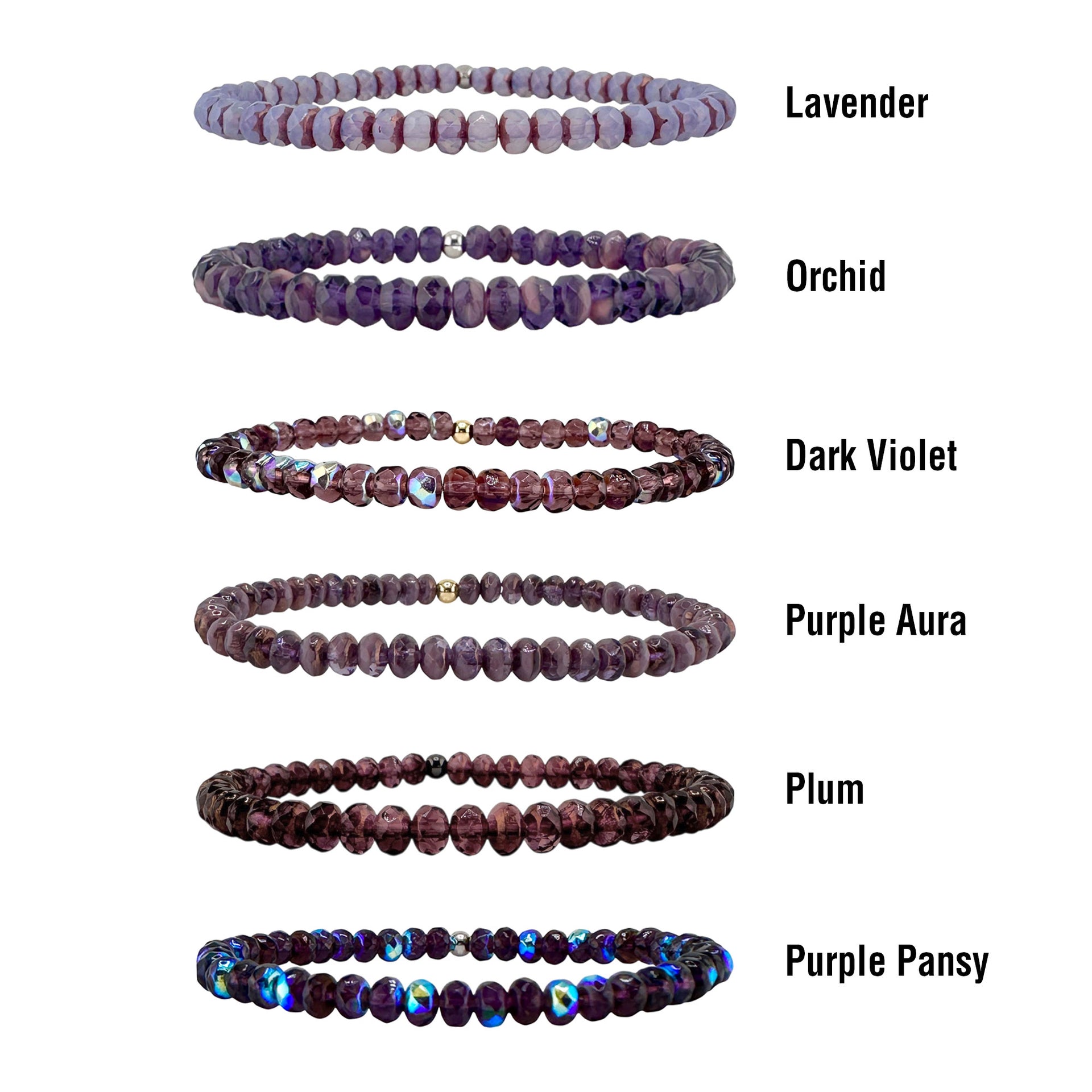 harper crystal stretch bracelet color chart showcasing purple plum lavender and deep violet czech crystal beads