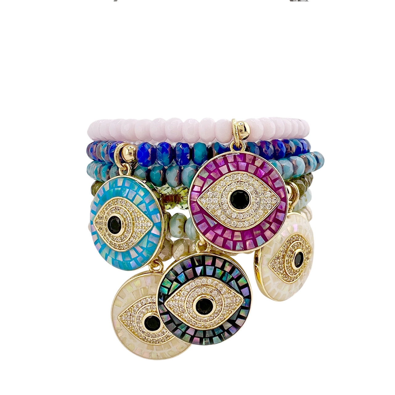 Stack of Czech crystal beaded bracelets with multicolor mosaic Evil Eye charms by Love, Lisa Jewelry