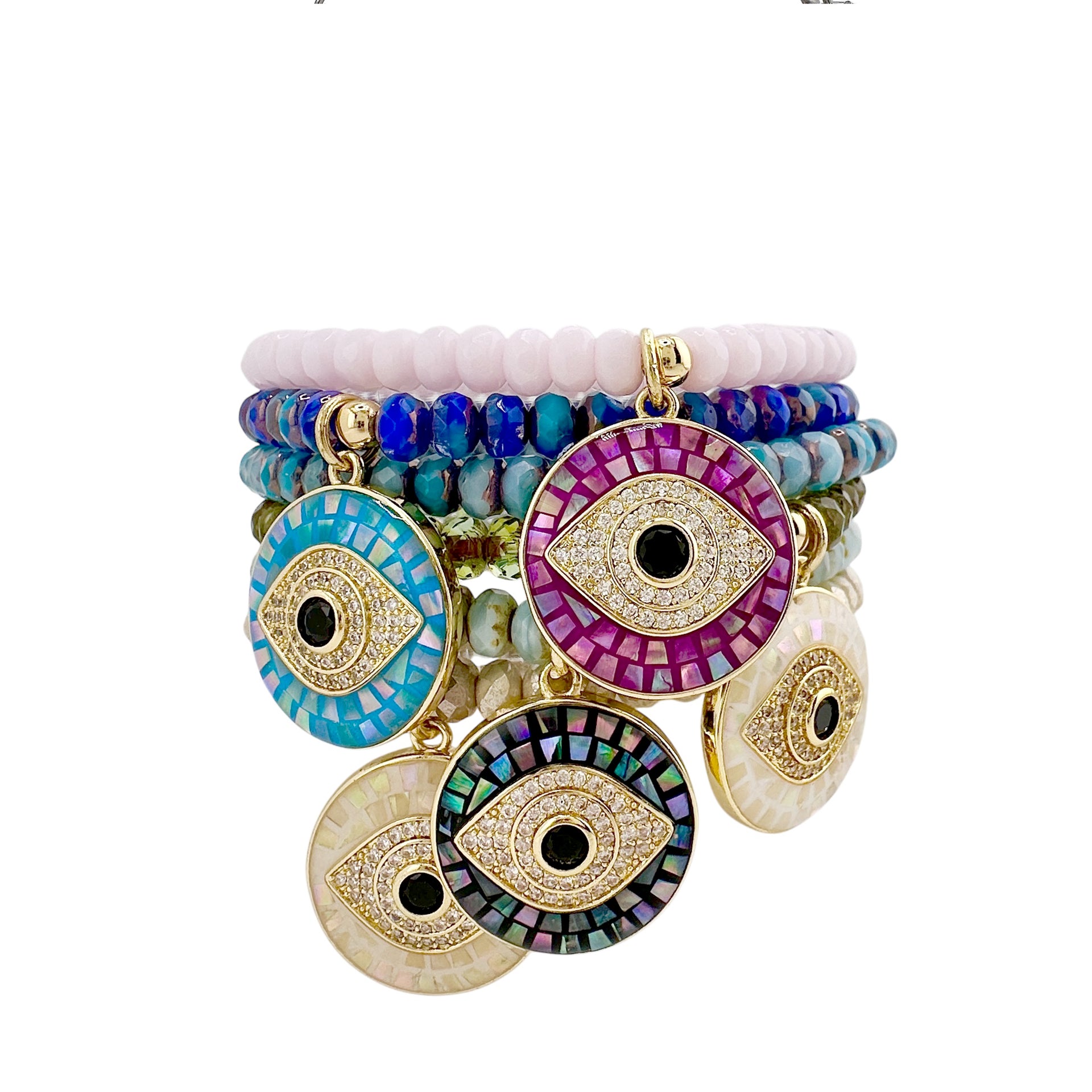 Stack of Czech crystal beaded bracelets with multicolor mosaic Evil Eye charms by Love, Lisa Jewelry