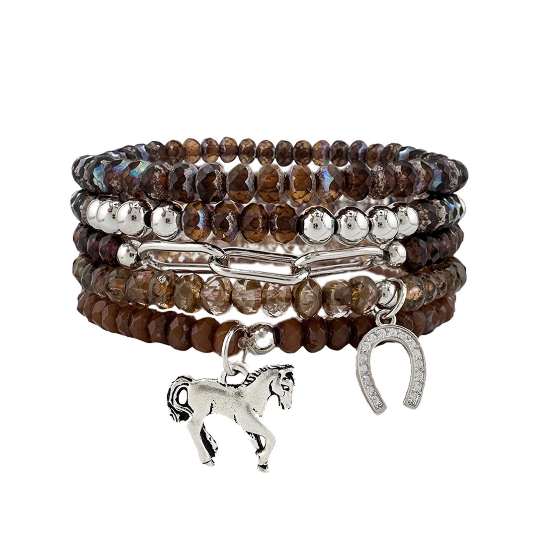 harper equestrian bracelet stack brown crystal horse and horseshoe charms Love Lisa
