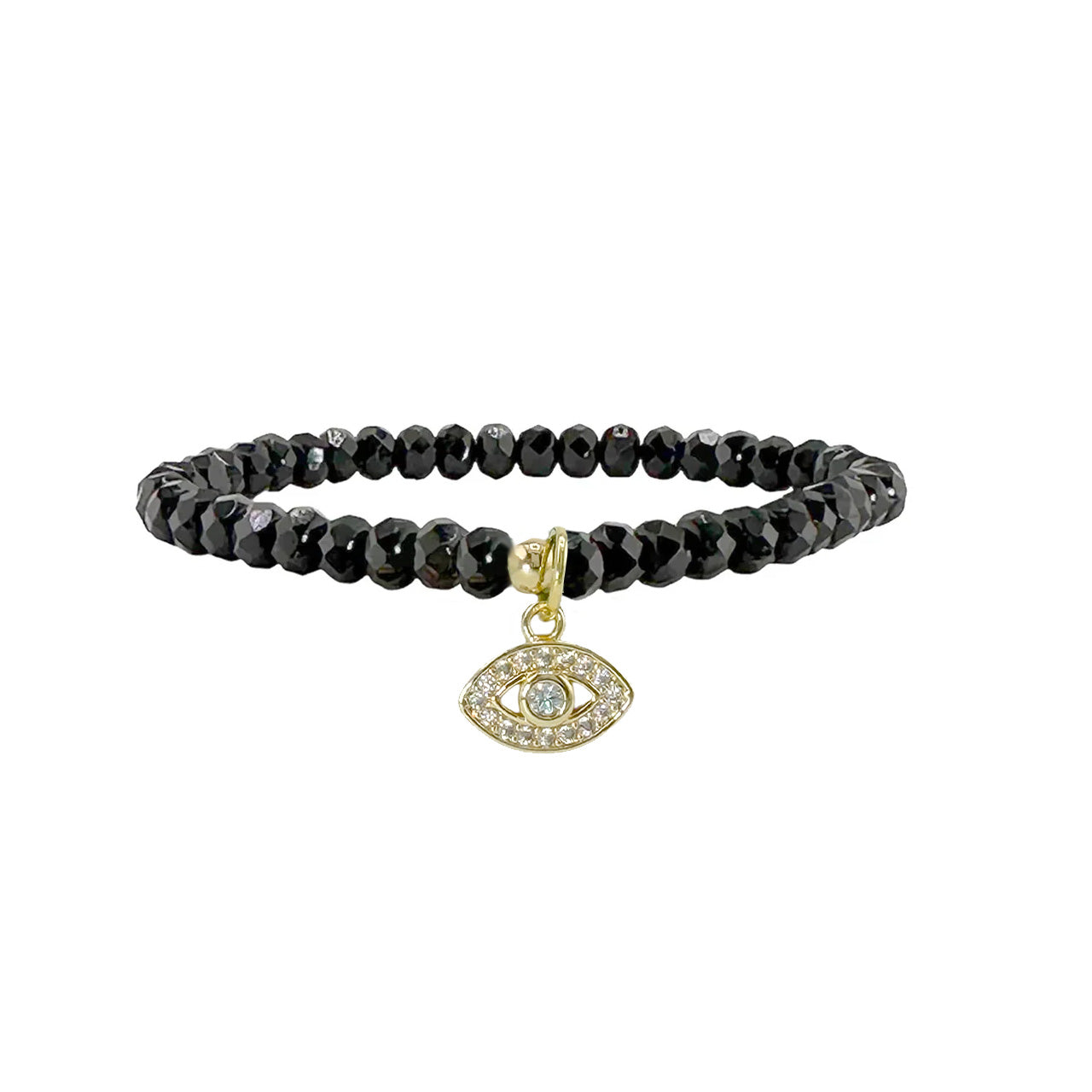 Harper evil eye Czech crystal stretch bracelet in black faceted Czech crystal beads