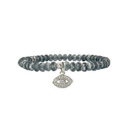Harper evil eye Czech crystal stretch bracelet with gray faceted Czech crystal beads and evil eye charm
