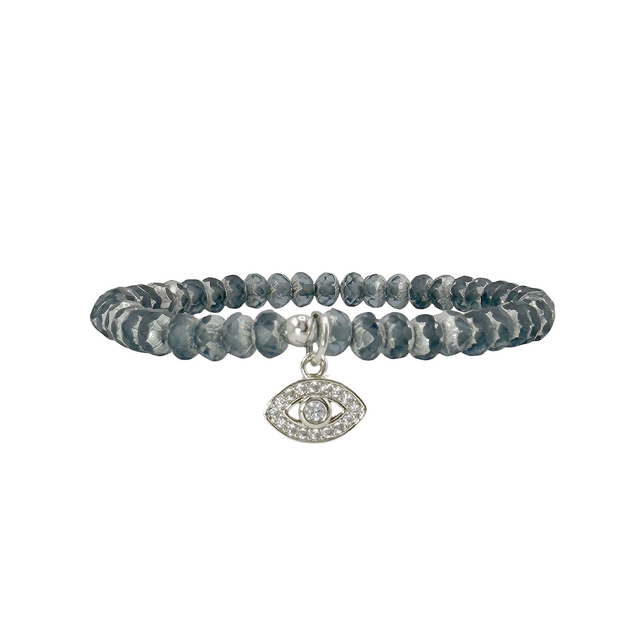 Harper evil eye Czech crystal stretch bracelet with gray faceted Czech crystal beads and evil eye charm