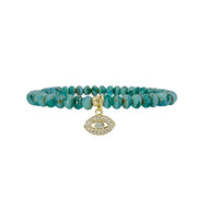 Harper evil eye Czech crystal stretch bracelet with leprechaun green faceted Czech crystal beads