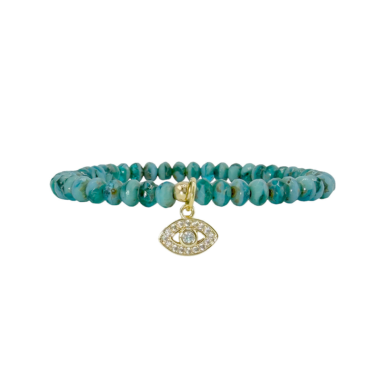 Harper evil eye Czech crystal stretch bracelet with leprechaun green faceted Czech crystal beads