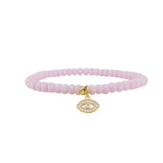 Harper evil eye Czech crystal stretch bracelet in misty rose with faceted beads and center charm