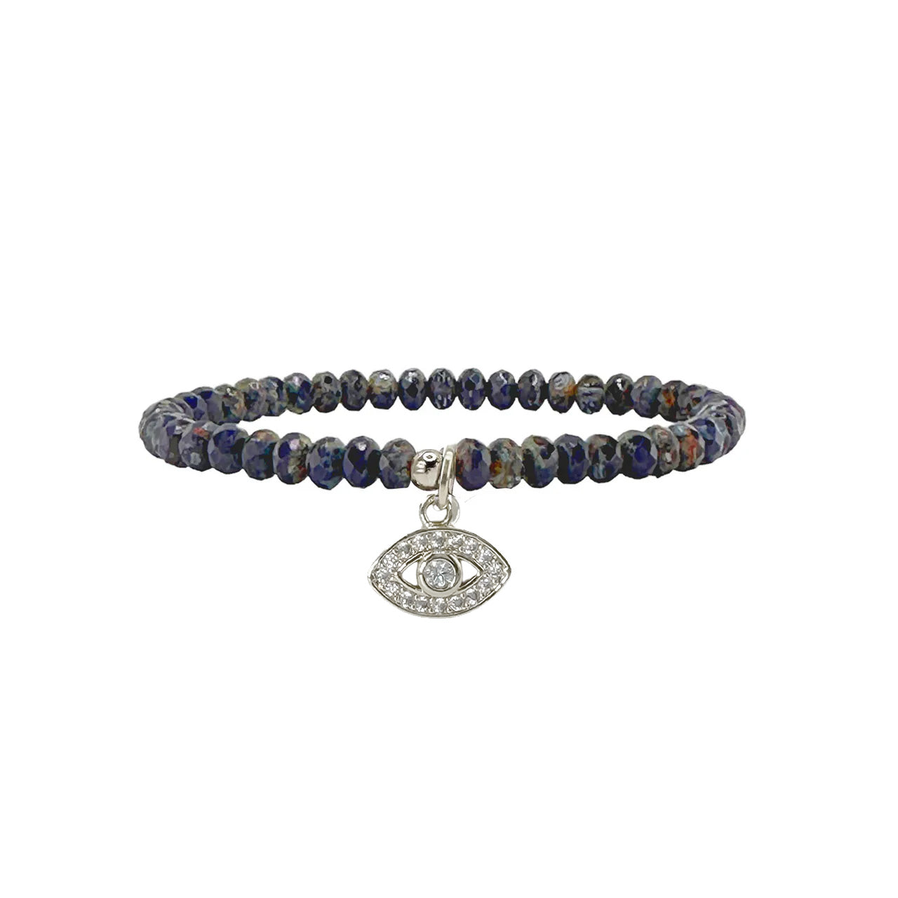 Love Lisa Harper evil eye Czech crystal stretch bracelet with navy faceted beads and protective crystal charm