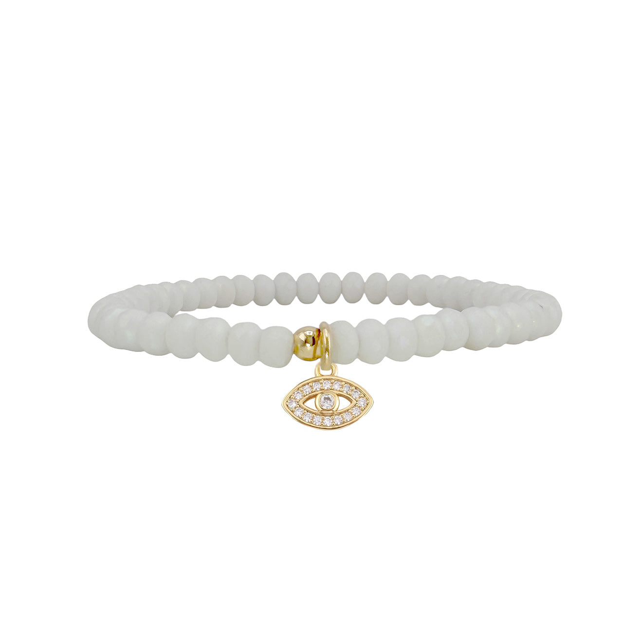 Love Lisa Harper evil eye Czech crystal stretch bracelet with white faceted beads and protective crystal charm
