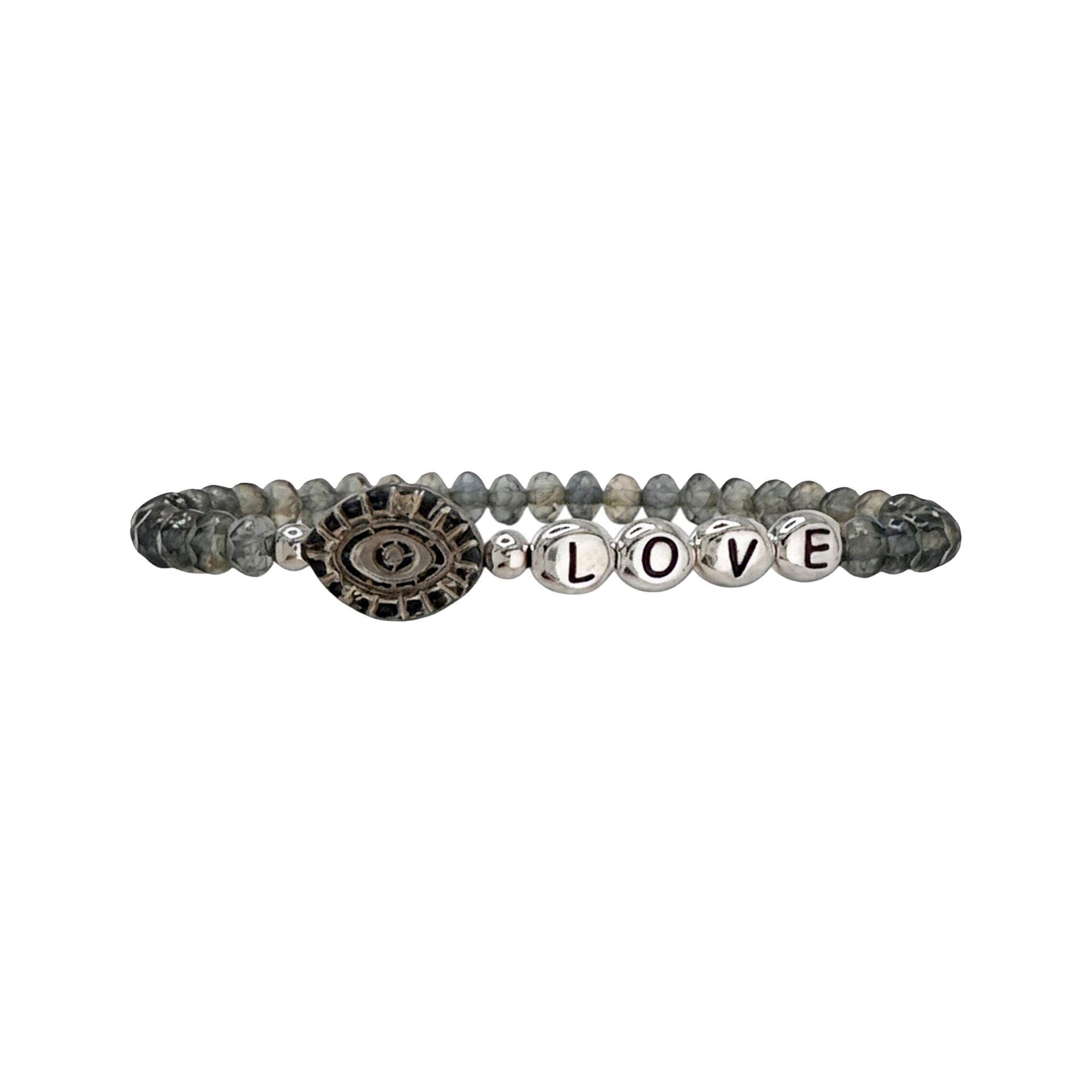 gray crystal evil eye bracelet with silver letters personalized charm bracelet
