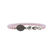 pink misty rose beaded bracelet with evil eye charm and gold letter beads