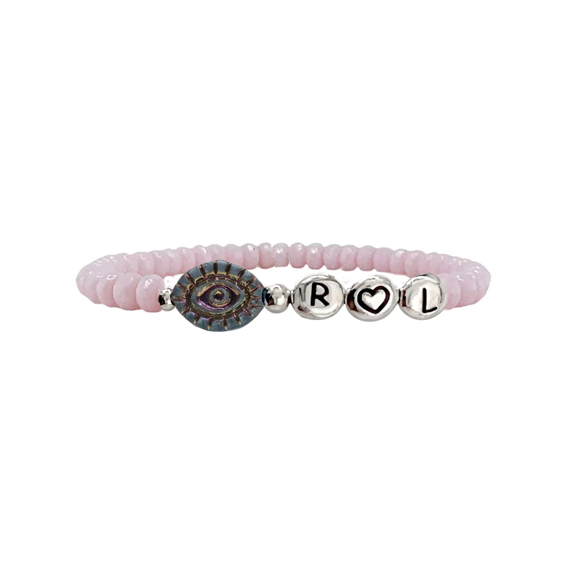 pink misty rose beaded bracelet with evil eye charm and gold letter beads