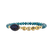 teal beaded evil eye bracelet with gold letter beads personalized jewelry