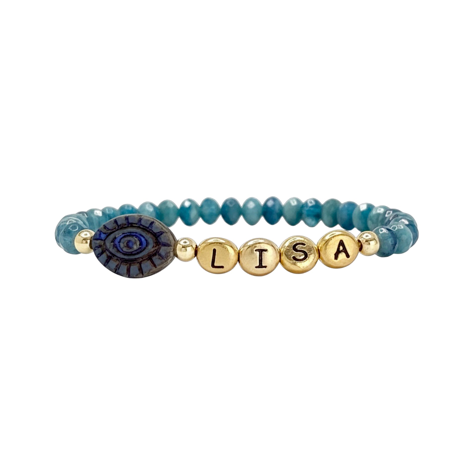 teal beaded evil eye bracelet with gold letter beads personalized jewelry