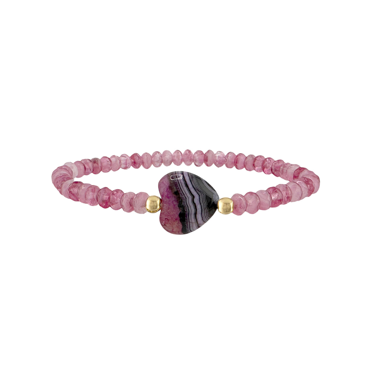 Bracelet with pink beads and a central purple and black heart-shaped worry stone on a white background