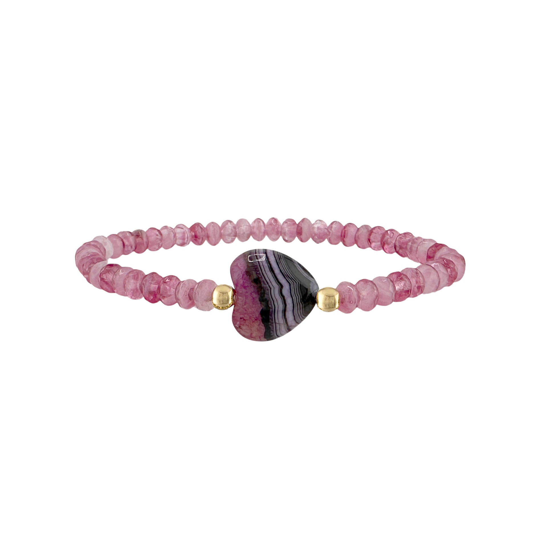Bracelet with pink beads and a central purple and black heart-shaped worry stone on a white background